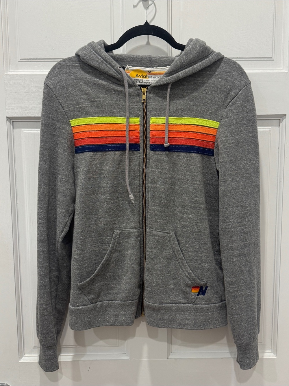 Aviator Nation 5 Stripe Hoodie M Gray Neon Rainbow Full Zip Retro California